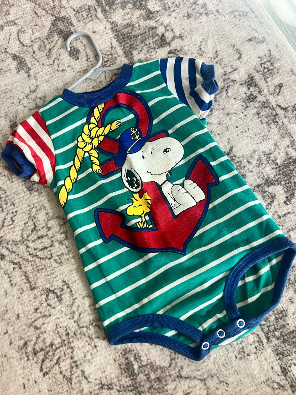 Vintage Peanuts Green & White Striped Snoopy Anchor One-Piece with Red Accents